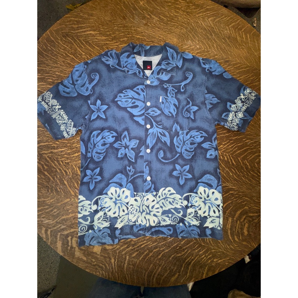 Vintage Late 90s Y2K Quiksilver Hawaiian Shirt L Blue Tribal Floral Camp Collar